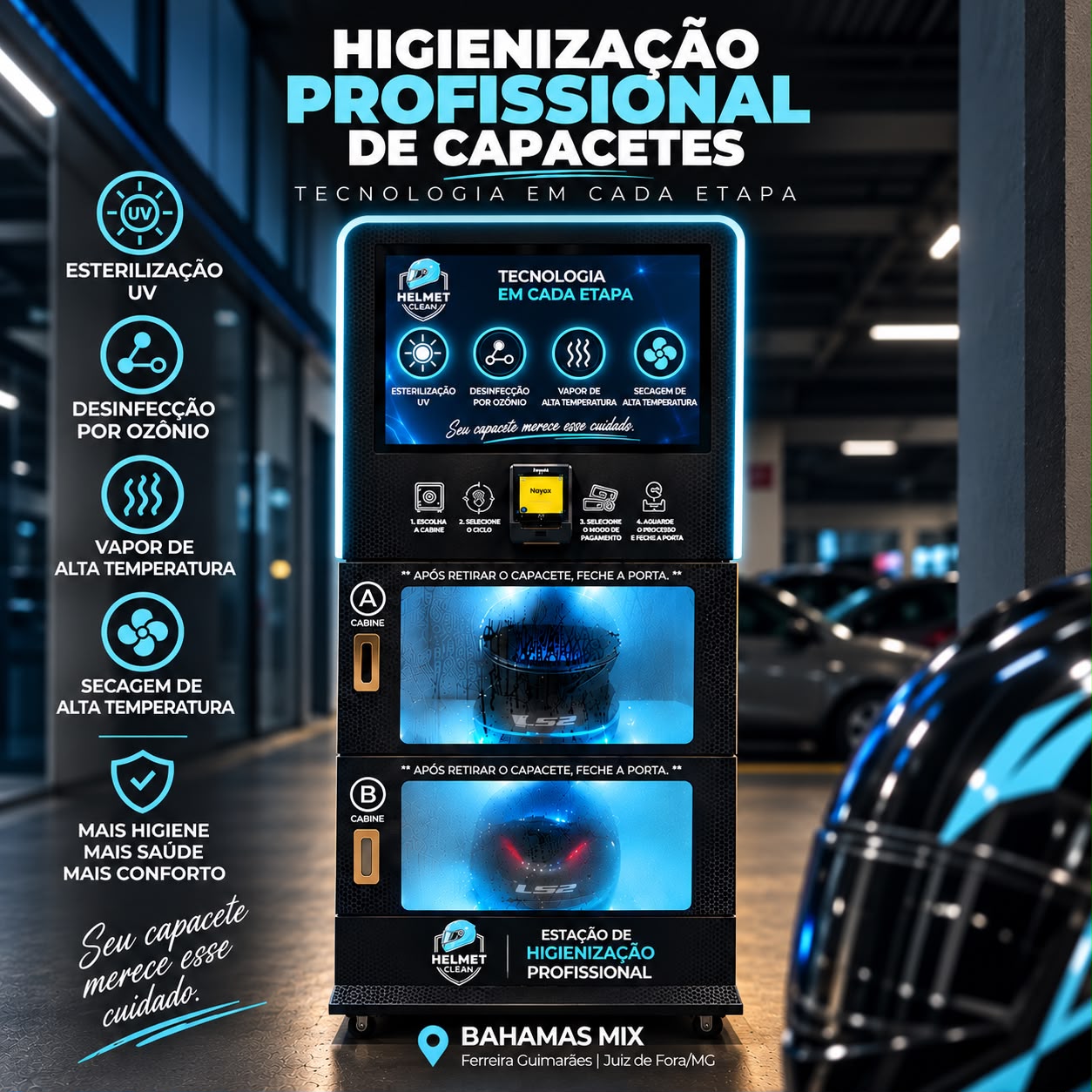 Estação Helmet Clean com cabines A e B no Bahamas Mix